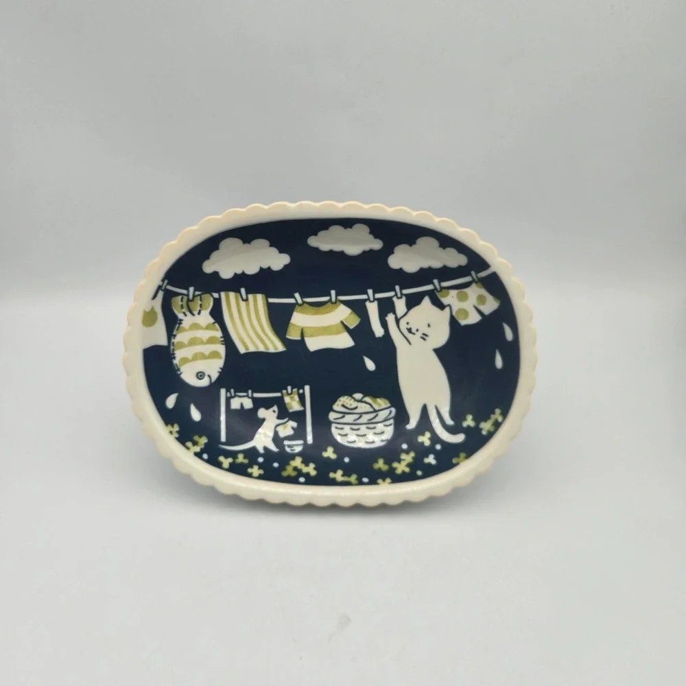 Miya Ceramic Oval Bowl Cat Mouse Doing Laundry Decorative Cute K Factory Japan